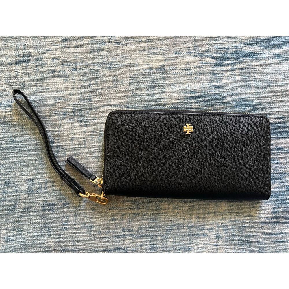 Tory Burch Emerson Zip Continental Wristlet Wallet Black Saffiano Leather